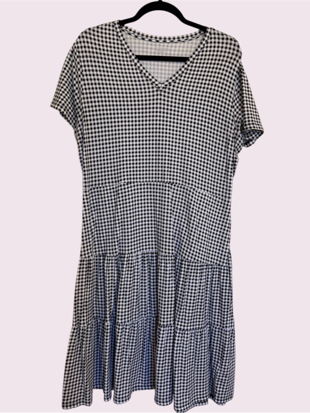 Land’s End Large Black/White Knit Gingham Drop Waist Tiered Dress w/Pockets, EUC